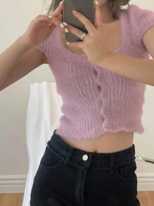 DAZY Của phụ nữ Ngắn Màu thuần Mở Không nút Dệt kim Áo - Hồng - Xem 2