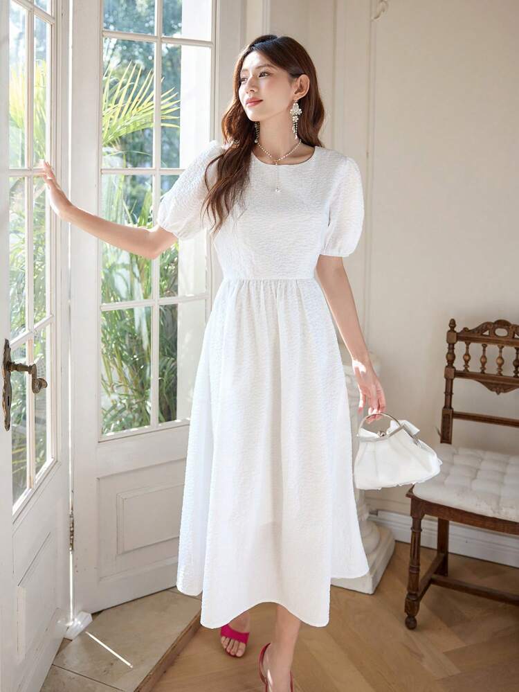 Women'S Round Neck Short Puff Sleeve Dress Sundress,Casual Women Dresses