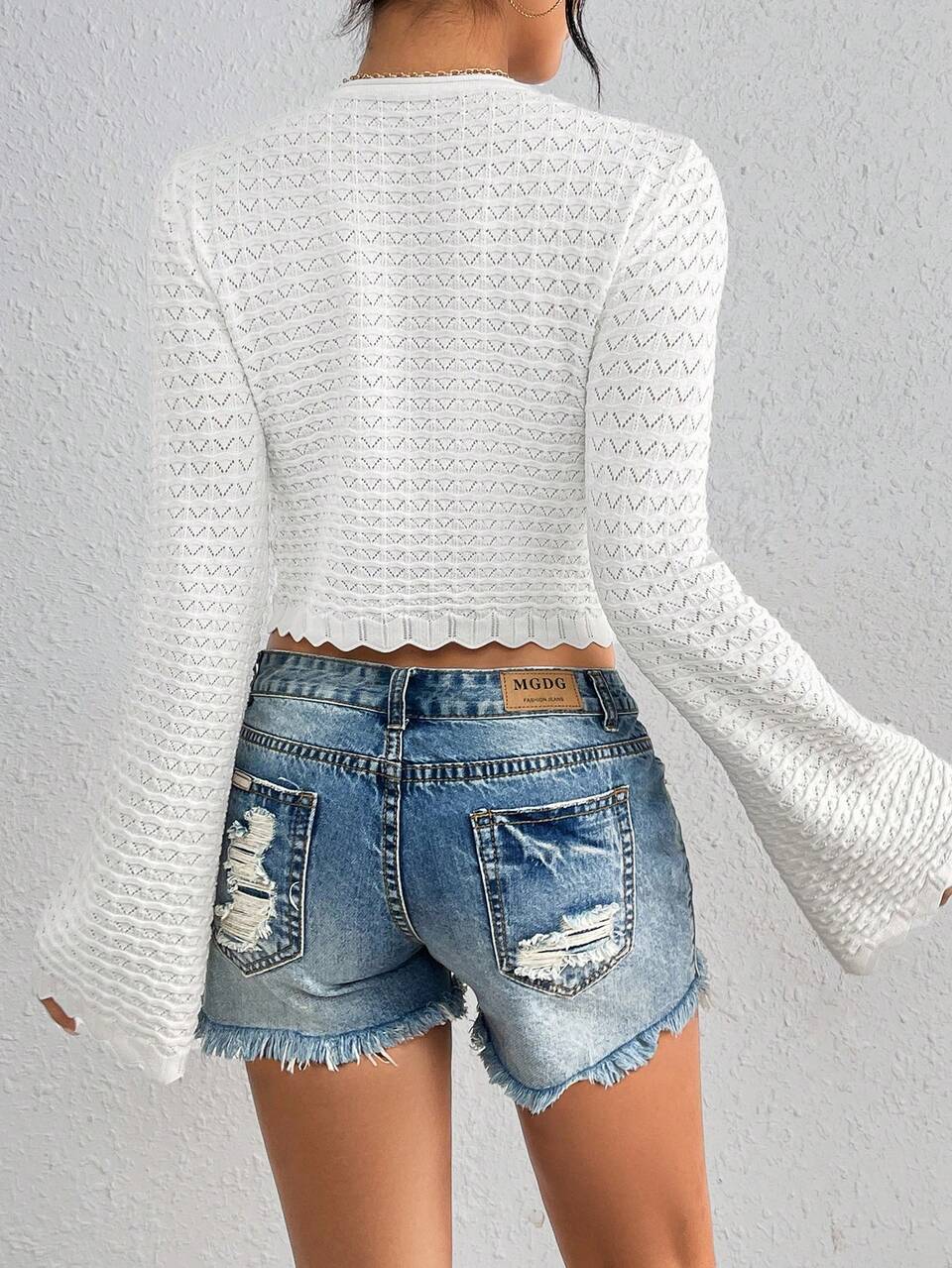 Solid Color Cropped Sweater With Scalloped Hem Knit Pullover Fall Winter Sweater