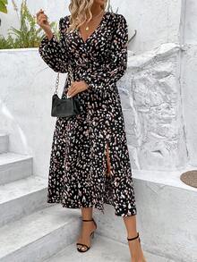 EMERY ROSE 隨機印花高衩裙 - 黑色 - 查看 3