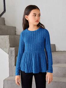 SHEIN Tween 女童休闲圆领娃娃装长袖 T 恤 - 寶藍色 - 查看 5