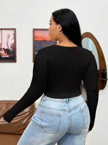 SHEIN EZwear Plus Solid Crop Tee - Black - View 2