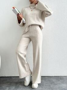 EURMUSE Solid Color Long-Sleeved Sweater And Knitted Trousers Two-Piece Set - Apricot - View 5