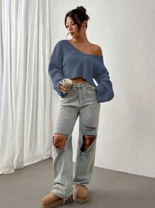 SHEIN Unity 纯色 V 领落肩短款毛衣、七分袖上衣 - 藍色 - 查看 3