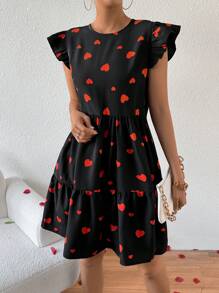 SHEIN Privé 女款 Love 印花荷葉邊下擺連身裙