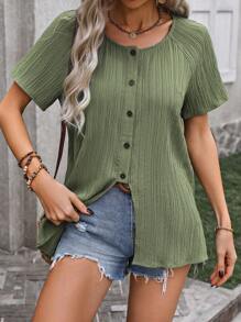 SHEIN Clasi Blusa De Manga Corta Raglán Con Botones - Verde - Ver 5