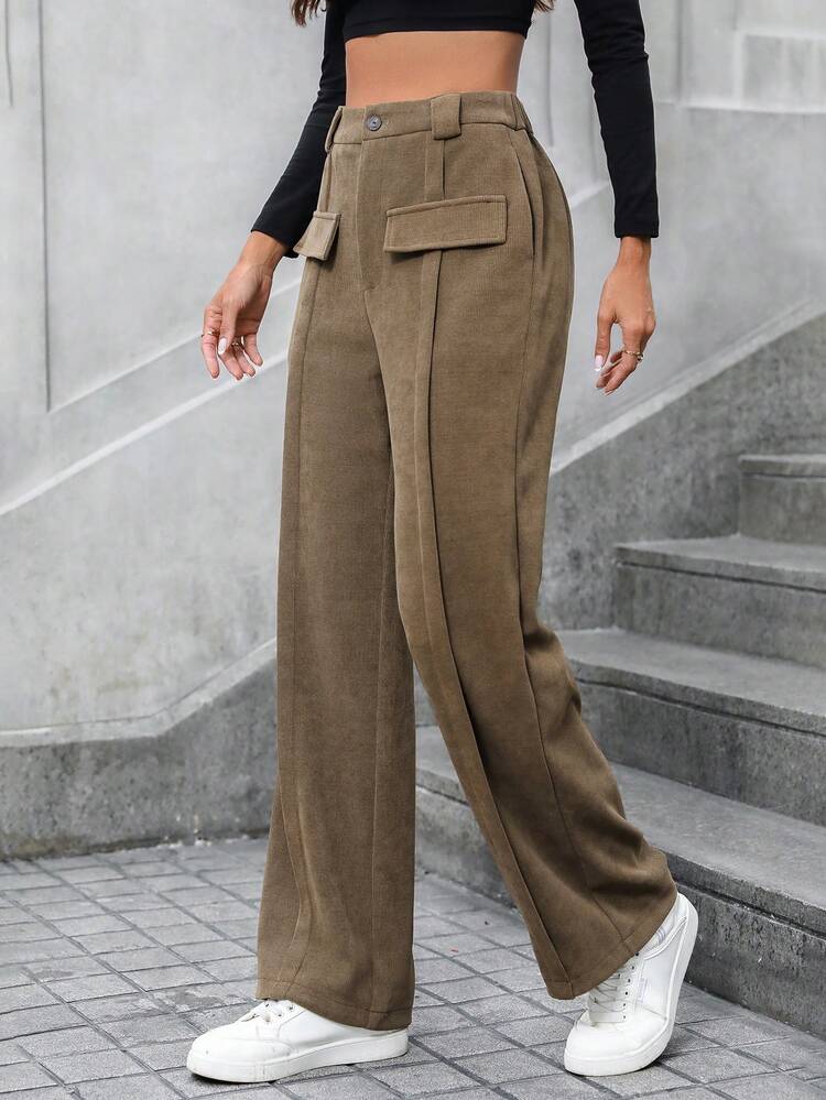 Solid Color Fake Pocket Trousers