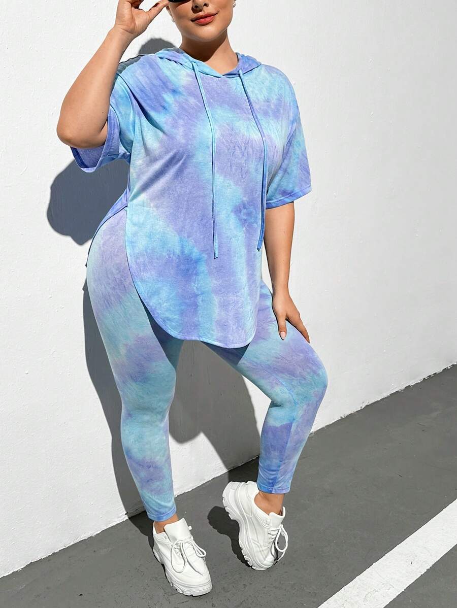 SHEIN Essnce 大码女装时尚休闲百搭春夏女装新款音乐节服装扎染彩色面料连帽 T 恤打底裤 2 件套 - 彩色 - 查看 1