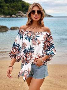 SHEIN VCAY Blusa Con Hombros Descubiertos Y Estampado Tropical Para Mujer - Multicolor - Ver 6