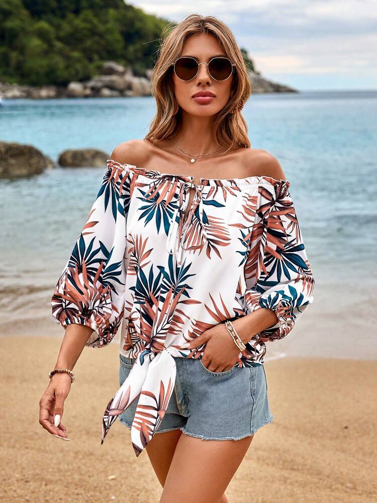 Women's Tropical Print Off Shoulder Blouse