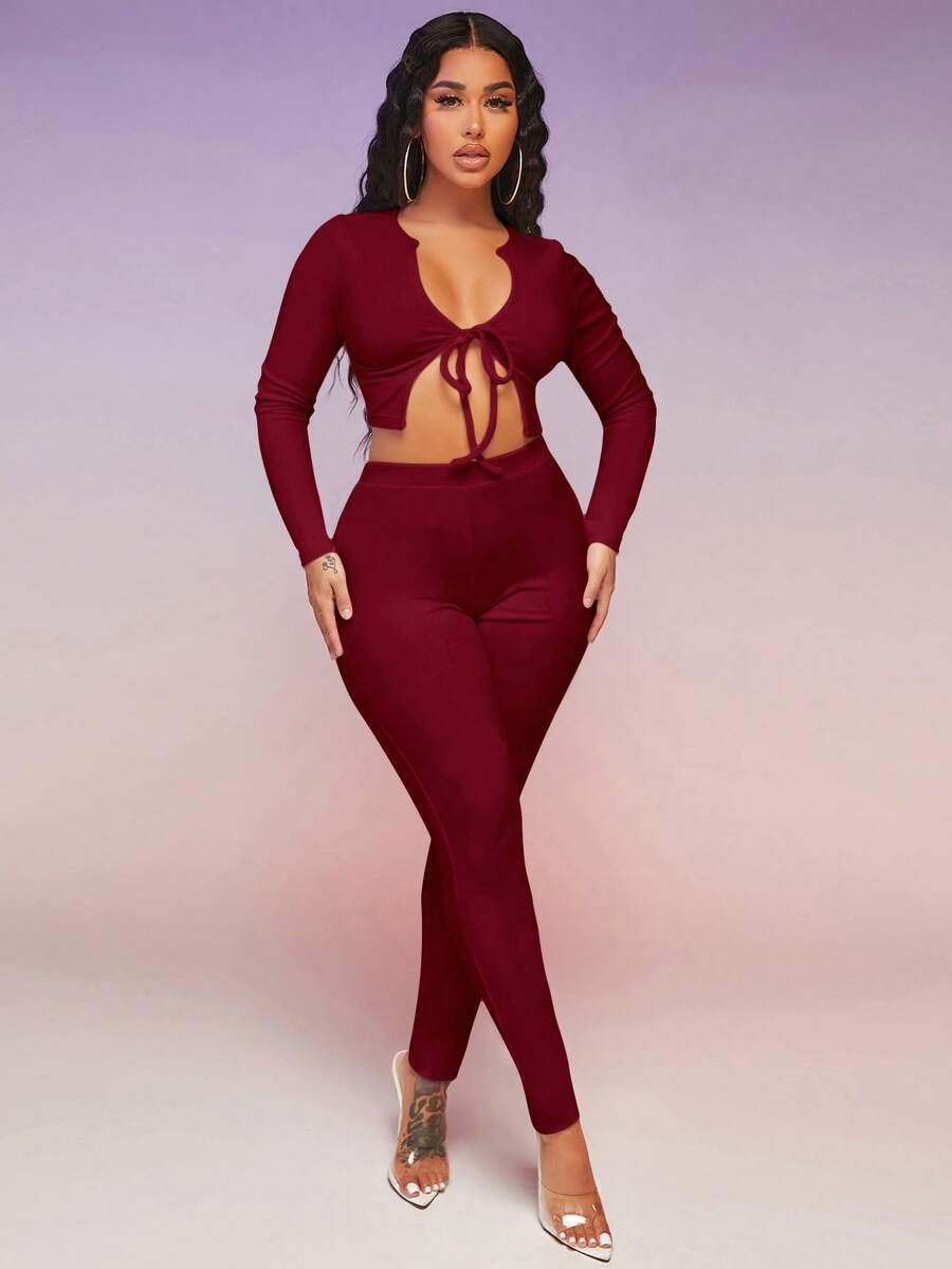 SHEIN SXY 女式正面打結短上衣和緊身褲套裝