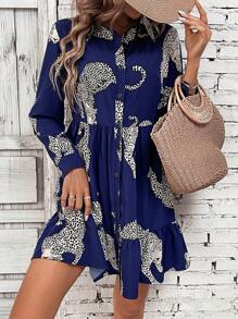 SHEIN LUNE Women's Leopard Shirt Dress - Navy Blue - View 5