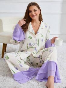 CottageSlumber Conjunto de pijama de manga larga con estampado de tulipanes para mujer de talla grande, ropa de otoño - Albaricoque - View 1