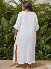 Slaydiva Summer Beach Plus Size 1pc V-Neck Batwing Sleeve Slit Side Cover Up Dress Wedding - White - View 2