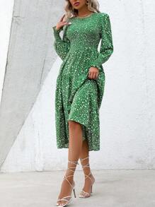 EMERY ROSE 女性長袖花卉印花連衣裙 - 綠色 - 查看 4