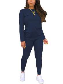 Solid Round Neck Tee & Leggings - Navy Blue - View 2