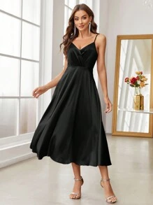 SHEIN Belle Women's Solid Color Spaghetti Strap Dress, Semi Formal Dress - Black - View 5