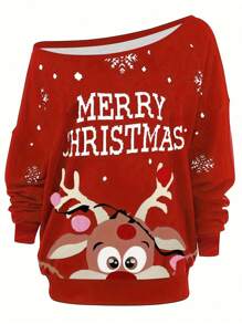Plus Christmas Print Off Shoulder T-Shirts - Red - View 1