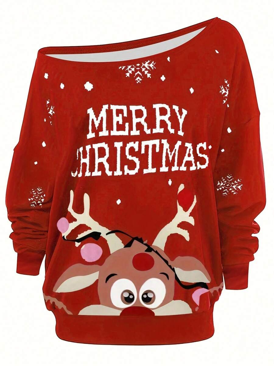 Plus Christmas Print Off Shoulder T-Shirts - Red - View 1