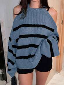 DAZY Ladies' Contrasting Striped Cold The Shoulder Sweater - Blue - View 4