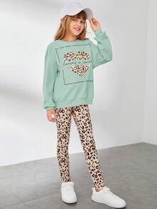 SHEIN Tween 女孩字母和豹紋印花落肩套頭衫和緊身褲 - 青碧色 - 查看 3