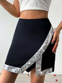 SHEIN Privé Falda Con Dobladillo Asimétrico Con Lentejuelas En Contraste - Negro - Ver 5