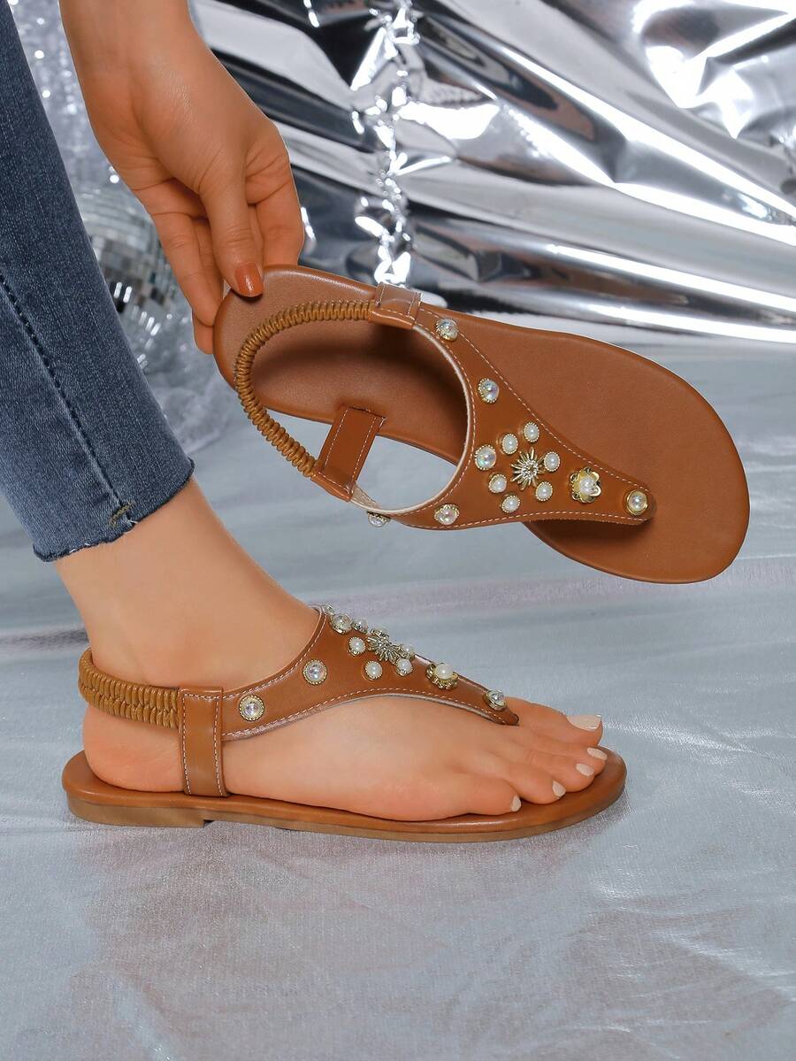 女款平底涼鞋夏季丁字褲串珠圓頭大尺碼棕色時尚百搭平底涼鞋 - 棕色 - 查看 1