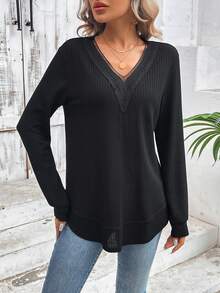 SHEIN LUNE 女士蕾絲和編織細節v領運動衫 - 白色 - 查看 3