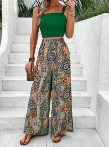 Breezaya Của phụ nữ Màu thuần Cami ngọn Và Phong cách nghỉ dưỡng Rộng chân Quần Bộ - màu xanh lá - Xem 4