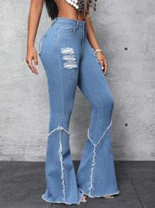 SHEIN SXY Women'S Frayed Hem Flare Leg Denim Jeans - Multicolor - View 5