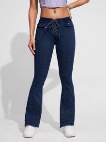 SHEIN ICON Quý cô Vượt qua Dây thắt lưng Pháo sáng Quần jean - Rửa tối - Xem 4