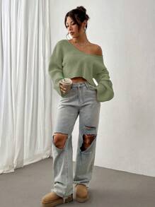 SHEIN Unity 女士纯色 V 领罗纹针织休闲毛衣、七分袖上衣 - 綠色 - 查看 4