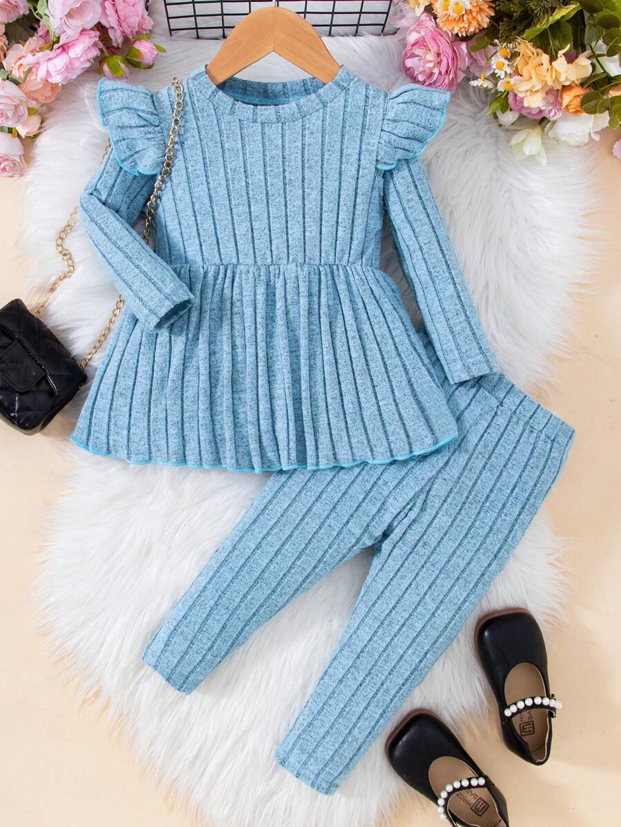 嬰兒女孩荷葉邊圓領長袖上衣和褲子套裝,實色舒適的兩件套裝 - 淺藍色 - 查看 1