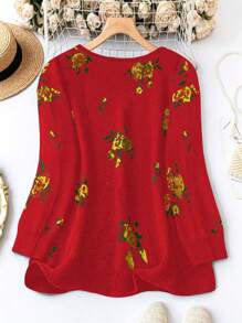 SHEIN LUNE Plus Size Sweater With Flower Pattern Knit Pullover Fall Winter - Multicolor - View 2