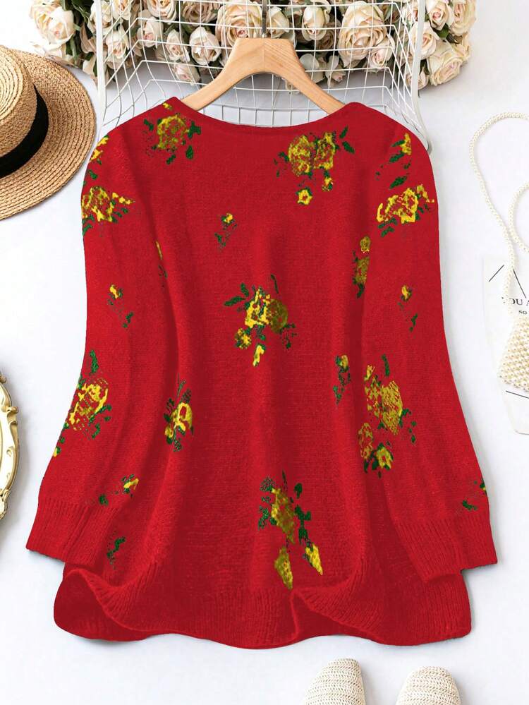 Plus Size Sweater With Flower Pattern Knit Pullover Fall Winter