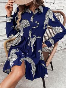 SHEIN LUNE Women's Leopard Shirt Dress - Navy Blue - View 1