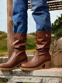 Styleloop Women's Versatile Fashionable Brown Boots With Rivets & Metal Buckle Decor - Coffee Brown - View 4