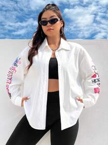 SHEIN EZwear 大码女式字母印花梭织衬衫 - 白色 - 白色 - 查看 3