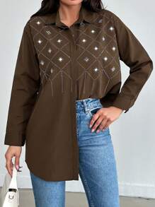 EURMUSE Women'S Rhinestone Button Cardigan Shirt - Brown - View 3