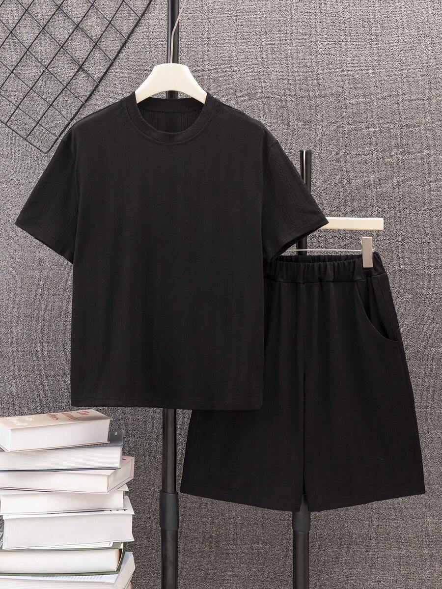 青少年男士純色休閒風格短袖上衣短褲套裝 - 黑色 - 查看 1