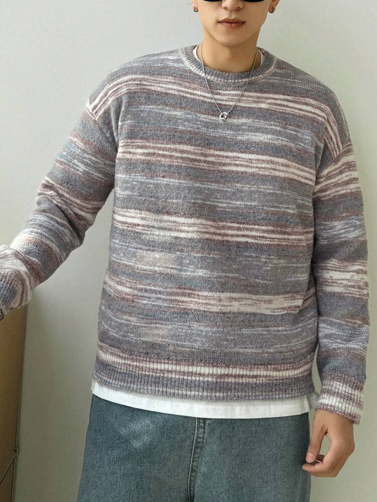 Men'S Contrast Color Striped Round Neck Sweater Fall,Winter