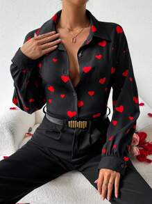 Chiquease Loose Heart Print Drop Shoulder Blouse - Black - View 3