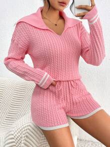 SHEIN Essnce Của phụ nữ Khối màu Cable Áo len dệt kim Và Quần short Hai chiếc Bộ - Hồng - Xem 5