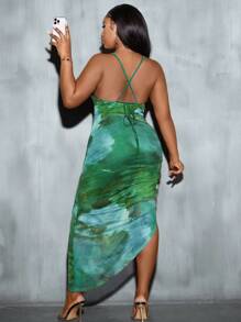 Maweii 大尺碼女款紮染褶襉吊帶連身裙 - 綠色 - 查看 2