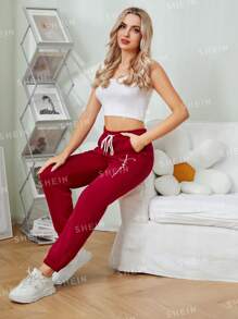 Ladies Casual Sports Autumn And Winter Warm And Fleece Sweatpants Letter Printed Fashion All-Match Fleece Sweatpants