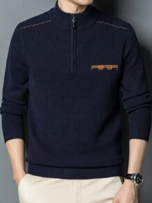 Men's Half Turtleneck Zip Front Thickened Sweater - Navy Blue - View 5