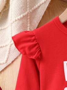 SHEIN 年轻女孩口号和爱心印花 T 恤和喇叭裤套装 - 紅色 - 查看 4