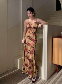 EastFlair Women's Retro Chinese-Style Asymmetric Printed Camisole Top With Fish Tail Hem And Slim Skirt Set - Yellow - View 4