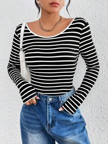 SHEIN Essnce 條紋露背長袖連體衣 - 黑與白 - 查看 4