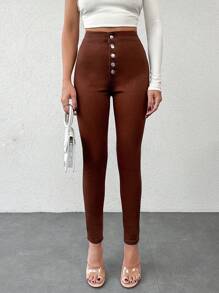 EURMUSE Button-Down Skinny Jeans - Brown - View 1